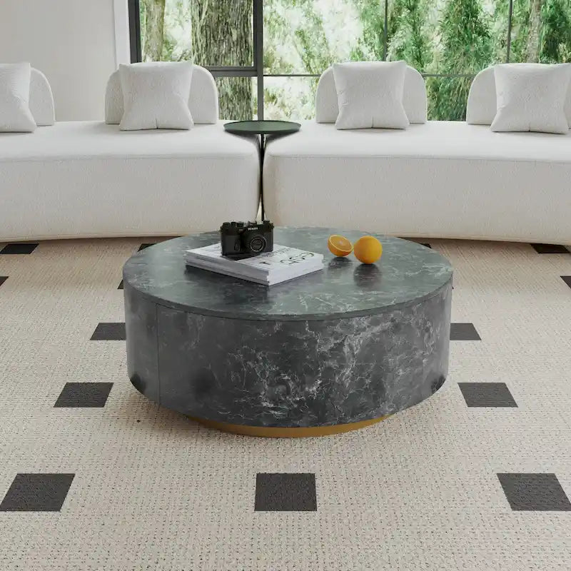 Tavolino rotondo in marmo grigio scuro con cassetti e base in metallo dorato