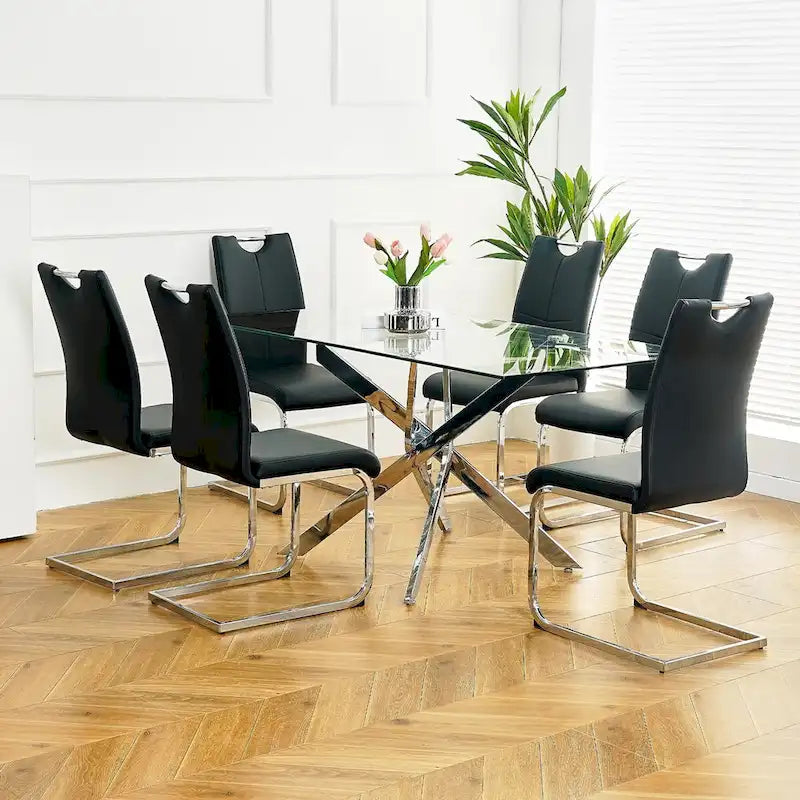 Set of 6,Dining Chairs with Faux Leather Padded Seat Upholstered with Chrome Metal Legs Side Chairs