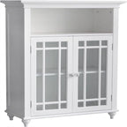 White Floor Cabinet with Double Glass Doors Open Shelf Adjustable Storage