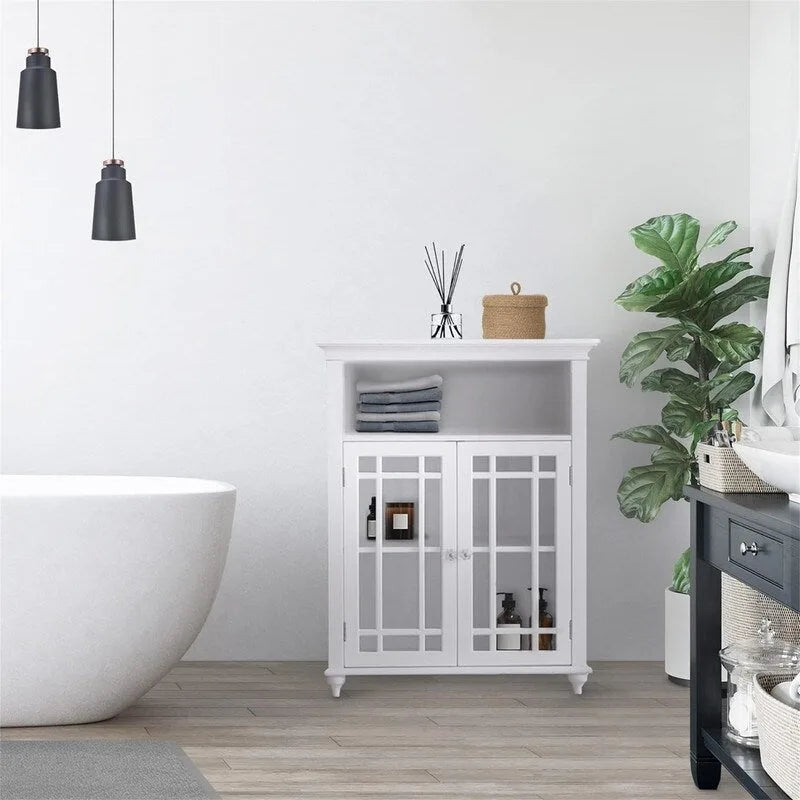White Floor Cabinet with Double Glass Doors Open Shelf Adjustable Storage