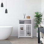 White Floor Cabinet with Double Glass Doors Open Shelf Adjustable Storage
