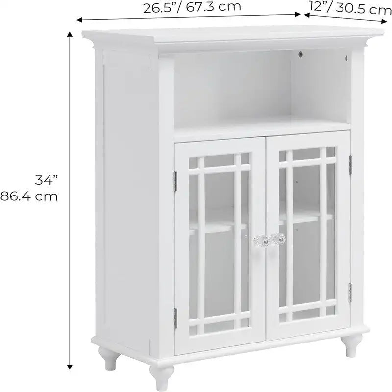 White Floor Cabinet with Double Glass Doors Open Shelf Adjustable Storage