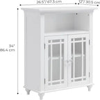 White Floor Cabinet with Double Glass Doors Open Shelf Adjustable Storage