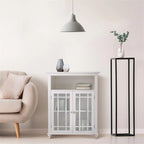 White Floor Cabinet with Double Glass Doors Open Shelf Adjustable Storage