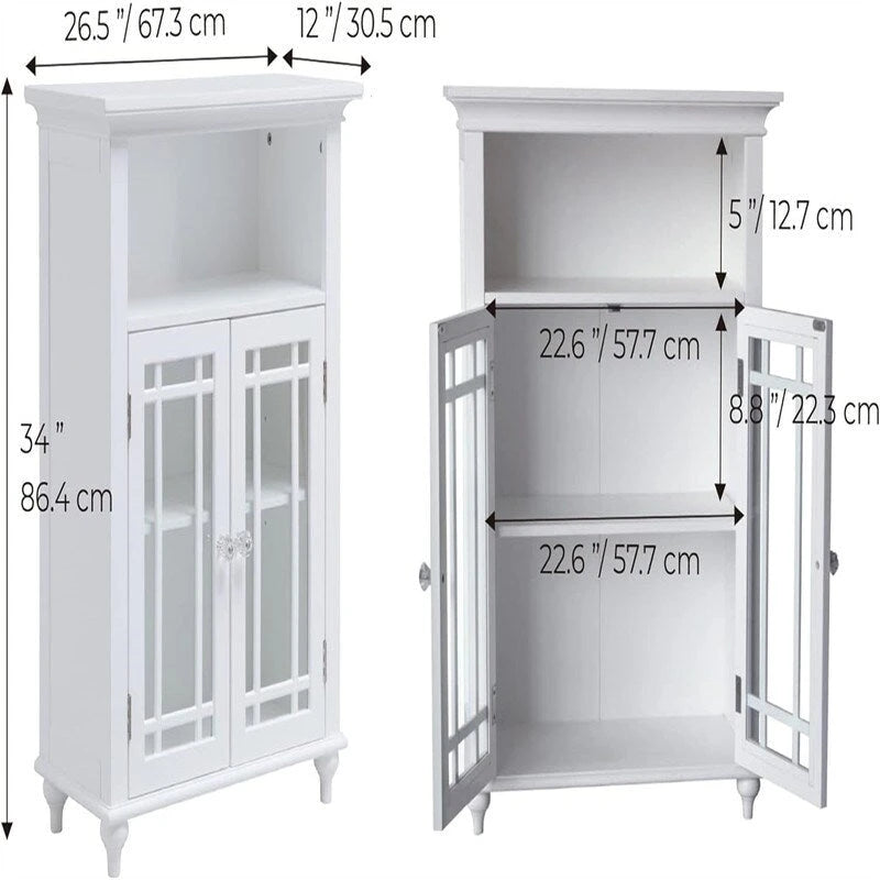 White Floor Cabinet with Double Glass Doors Open Shelf Adjustable Storage
