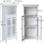 White Floor Cabinet with Double Glass Doors Open Shelf Adjustable Storage