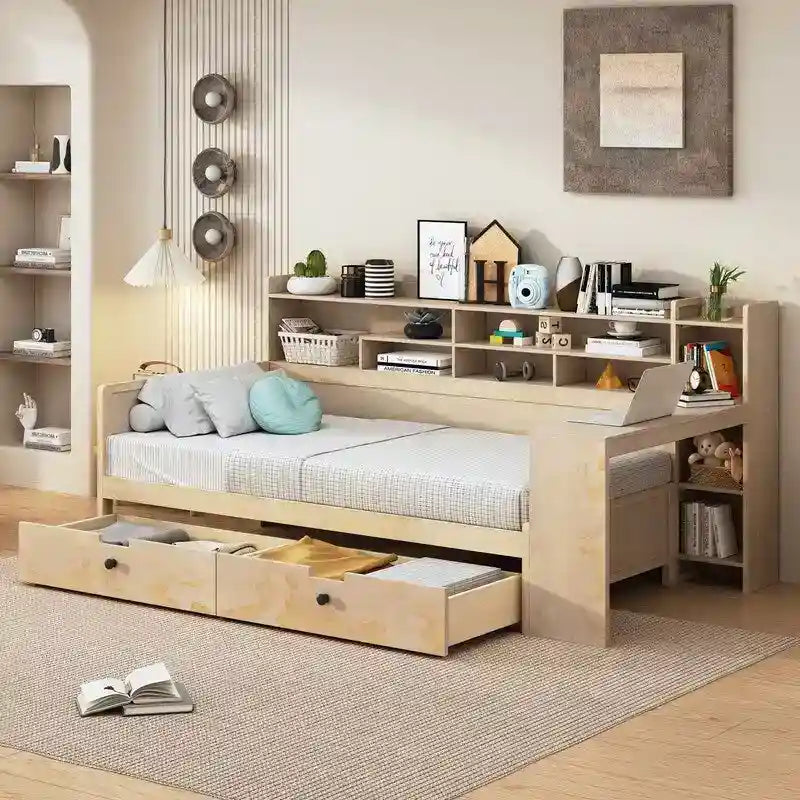 Twin Size Wooden Daybed with Storage Shelves, 2 Drawers and Study Desk