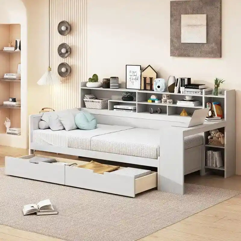 Twin Size Wooden Daybed with Storage Shelves, 2 Drawers and Study Desk
