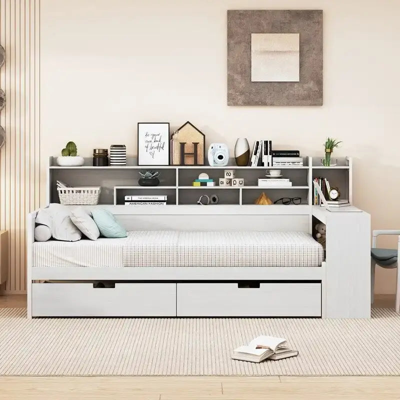 Twin Size Wooden Daybed with Storage Shelves, 2 Drawers and Study Desk