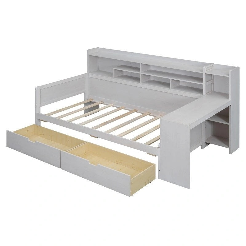 Twin Size Wooden Daybed with Storage Shelves, 2 Drawers and Study Desk