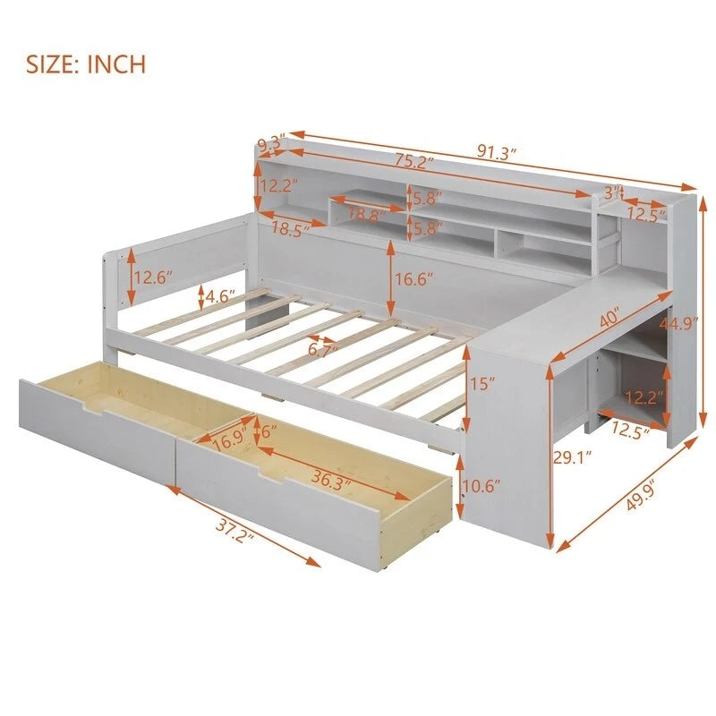 Twin Size Wooden Daybed with Storage Shelves, 2 Drawers and Study Desk