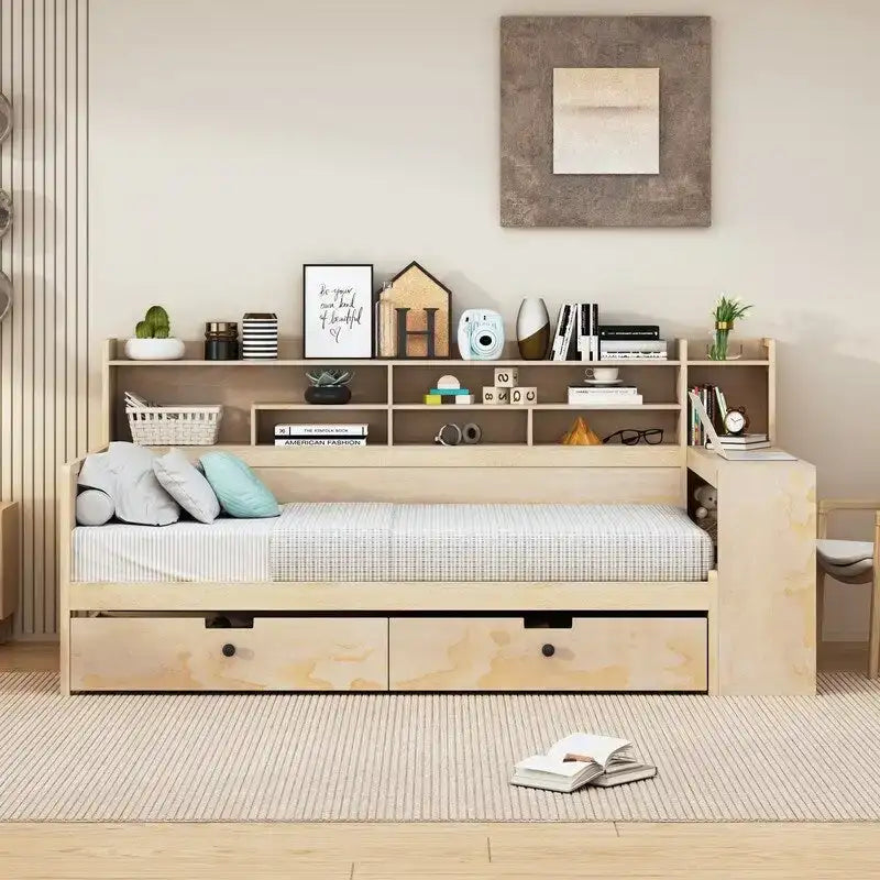 Twin Size Wooden Daybed with Storage Shelves, 2 Drawers and Study Desk