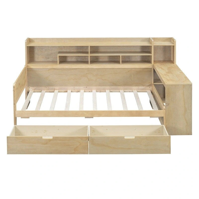 Twin Size Wooden Daybed with Storage Shelves, 2 Drawers and Study Desk