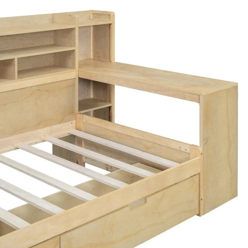 Twin Size Wooden Daybed with Storage Shelves, 2 Drawers and Study Desk