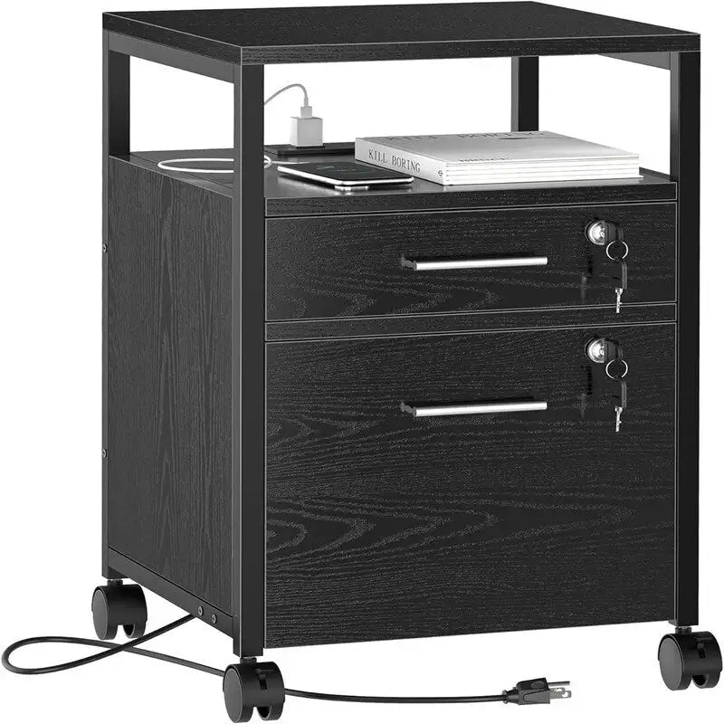 File Cabinet with Lock Charging Station 2 Drawers Rolling Filing Cabinet - 15.7D x 15.7W x 26H