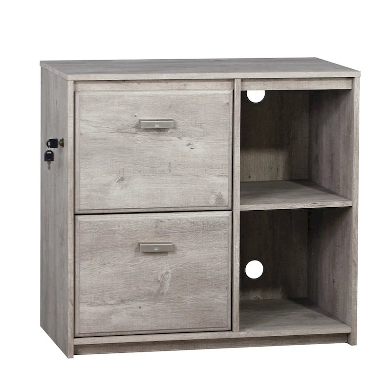 Two-Drawer File Cabinet with Open Shelves Washed Gray Wood Finish