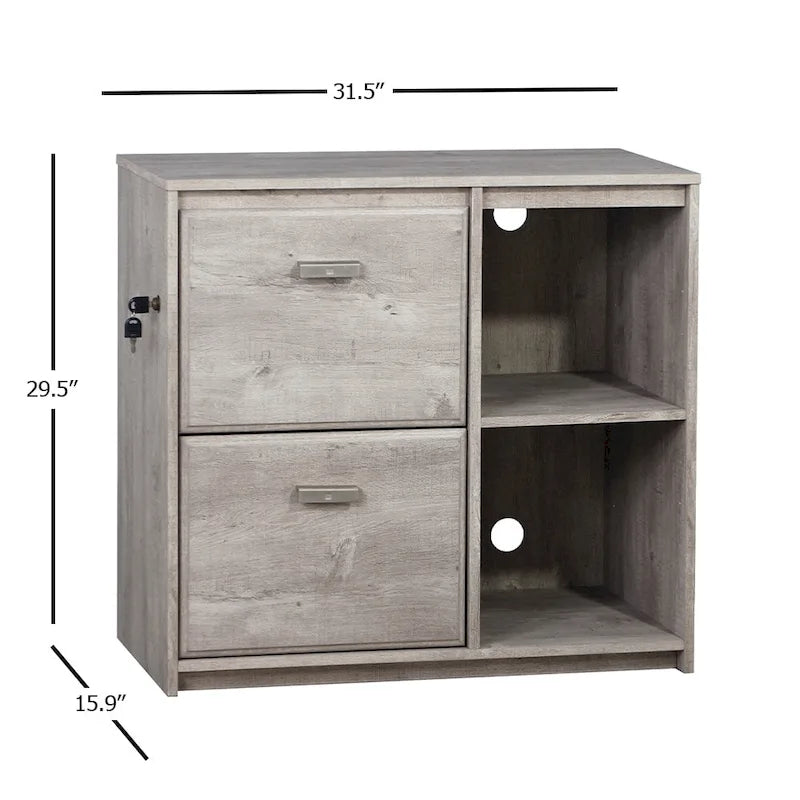 Two-Drawer File Cabinet with Open Shelves Washed Gray Wood Finish