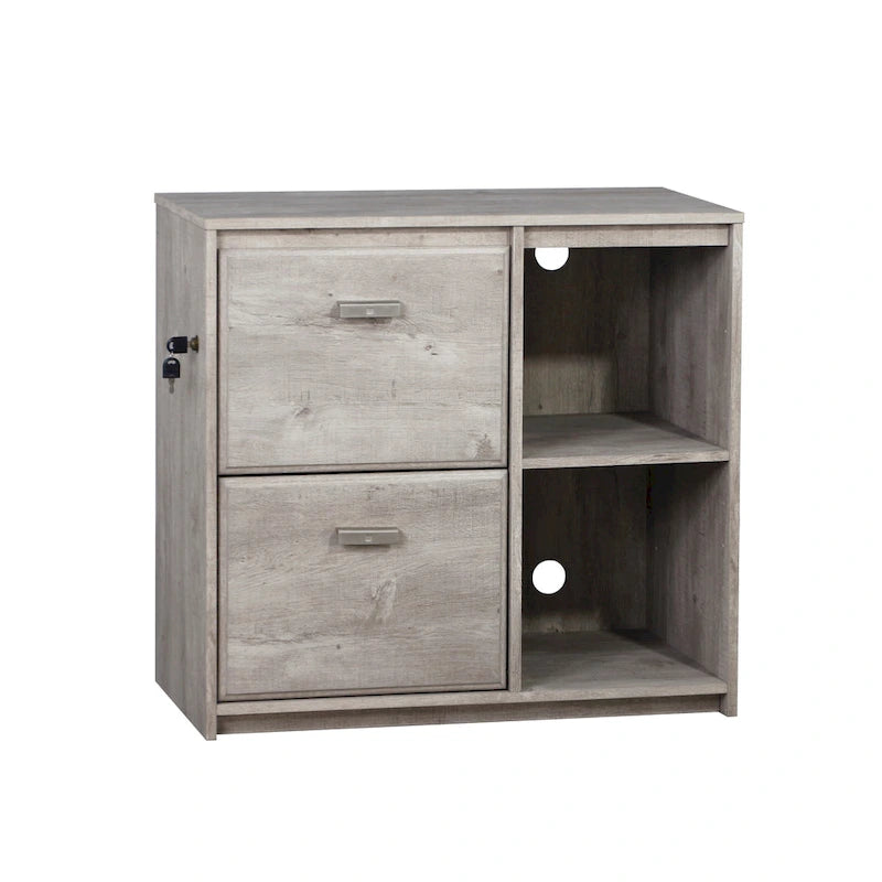 Two-Drawer File Cabinet with Open Shelves Washed Gray Wood Finish