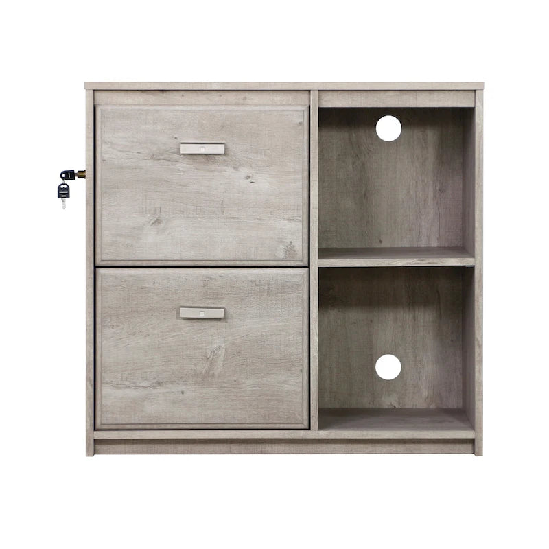 Two-Drawer File Cabinet with Open Shelves Washed Gray Wood Finish