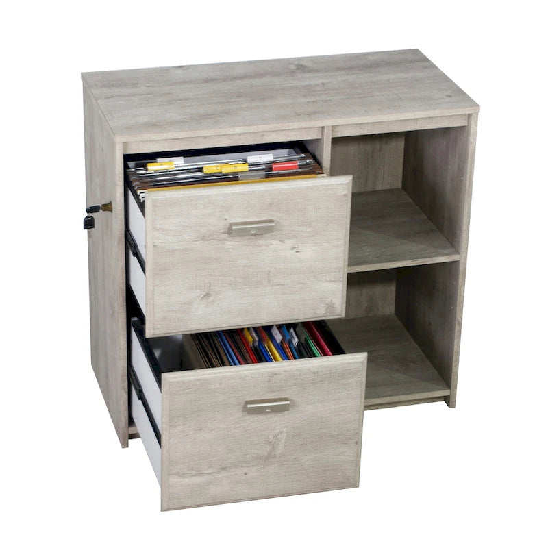 Two-Drawer File Cabinet with Open Shelves Washed Gray Wood Finish