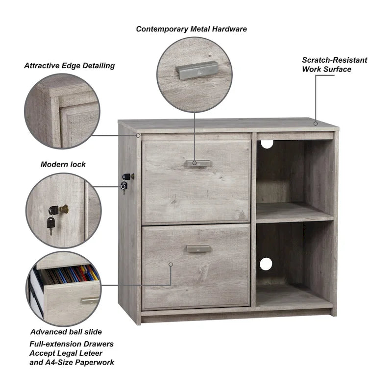 Two-Drawer File Cabinet with Open Shelves Washed Gray Wood Finish