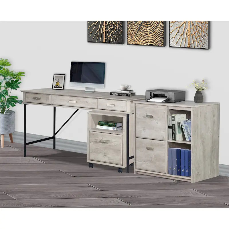 Two-Drawer File Cabinet with Open Shelves Washed Gray Wood Finish