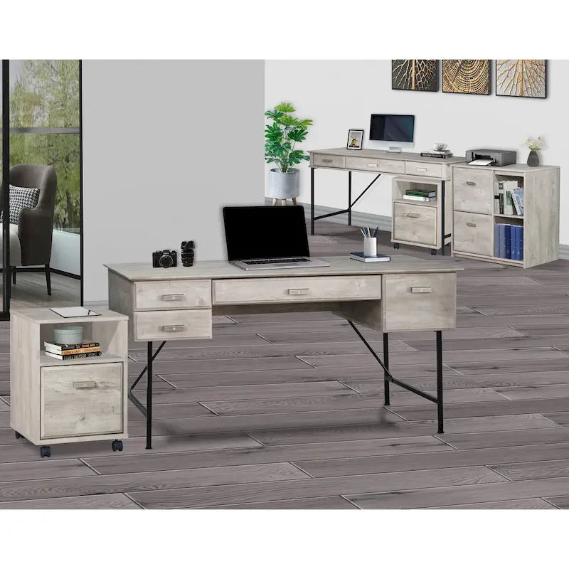 Two-Drawer File Cabinet with Open Shelves Washed Gray Wood Finish