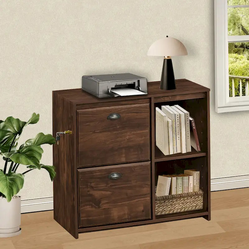 Two-Drawer File Cabinet with Open Shelves Washed Gray Wood Finish