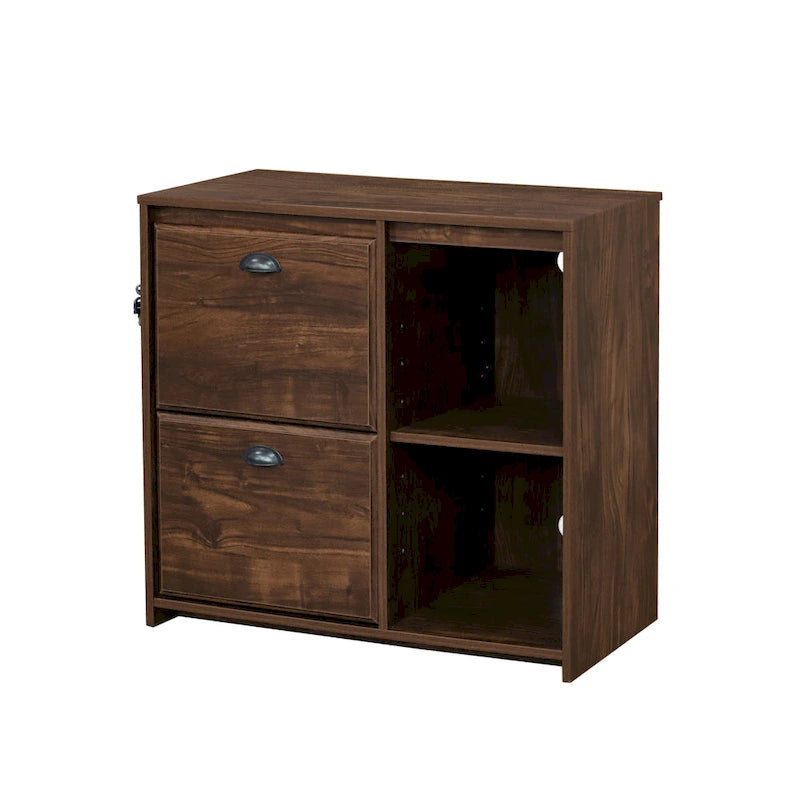 Two-Drawer File Cabinet with Open Shelves Washed Gray Wood Finish