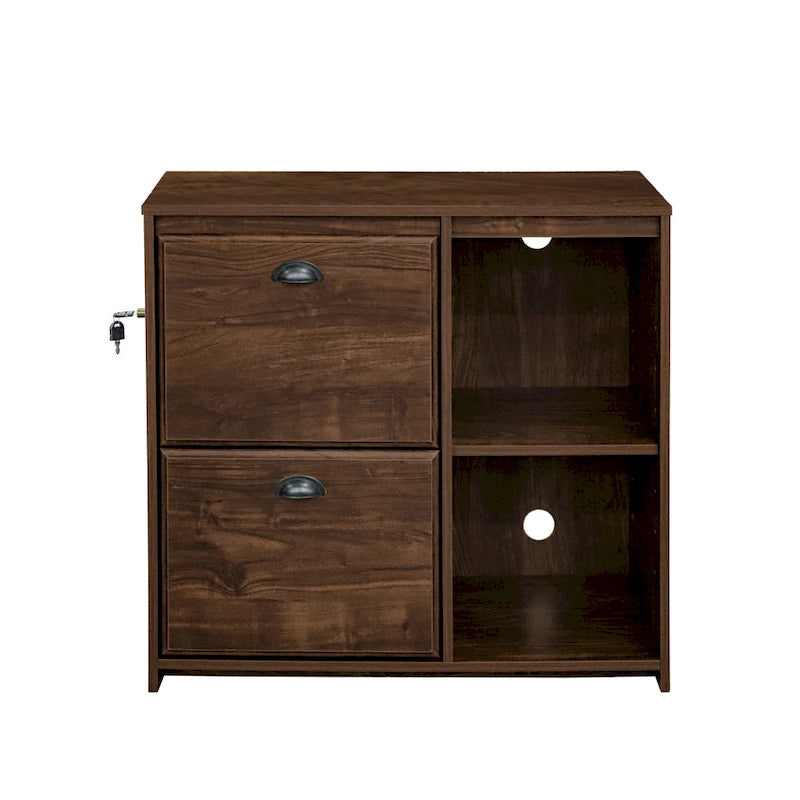 Two-Drawer File Cabinet with Open Shelves Washed Gray Wood Finish