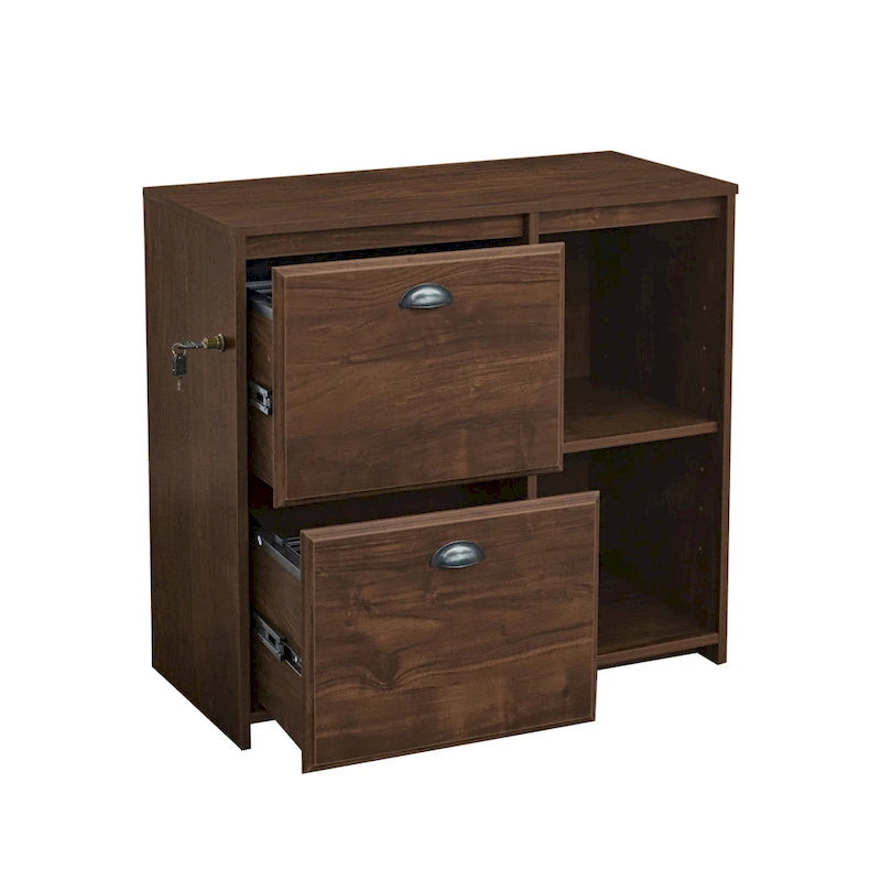 Two-Drawer File Cabinet with Open Shelves Washed Gray Wood Finish