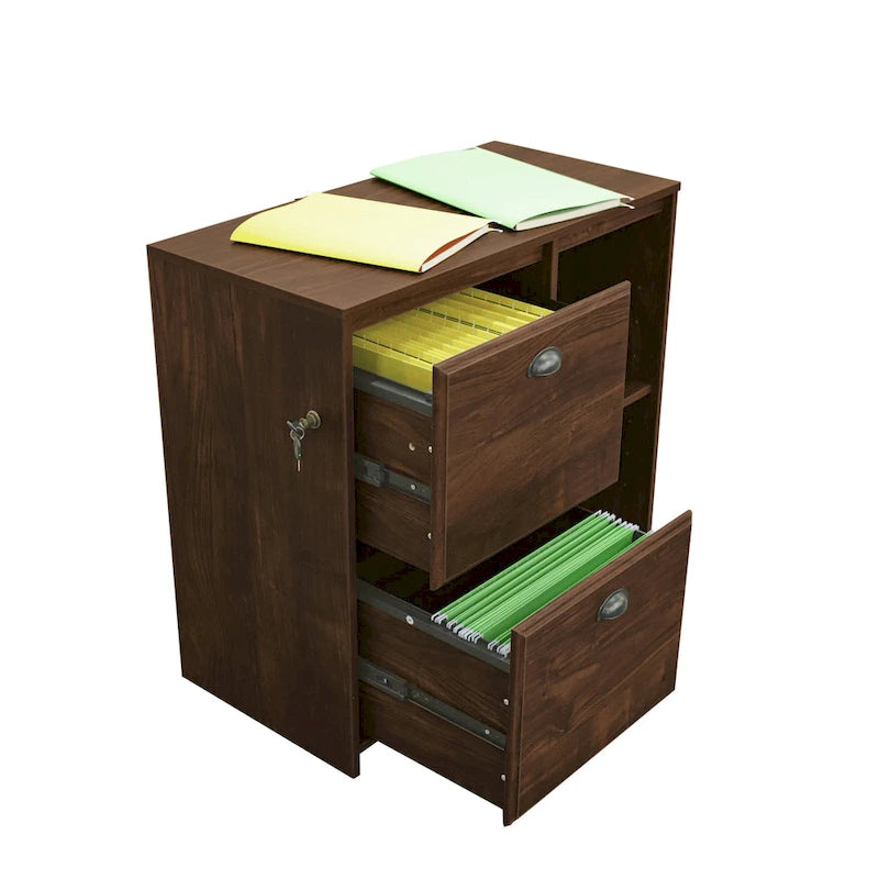 Two-Drawer File Cabinet with Open Shelves Washed Gray Wood Finish