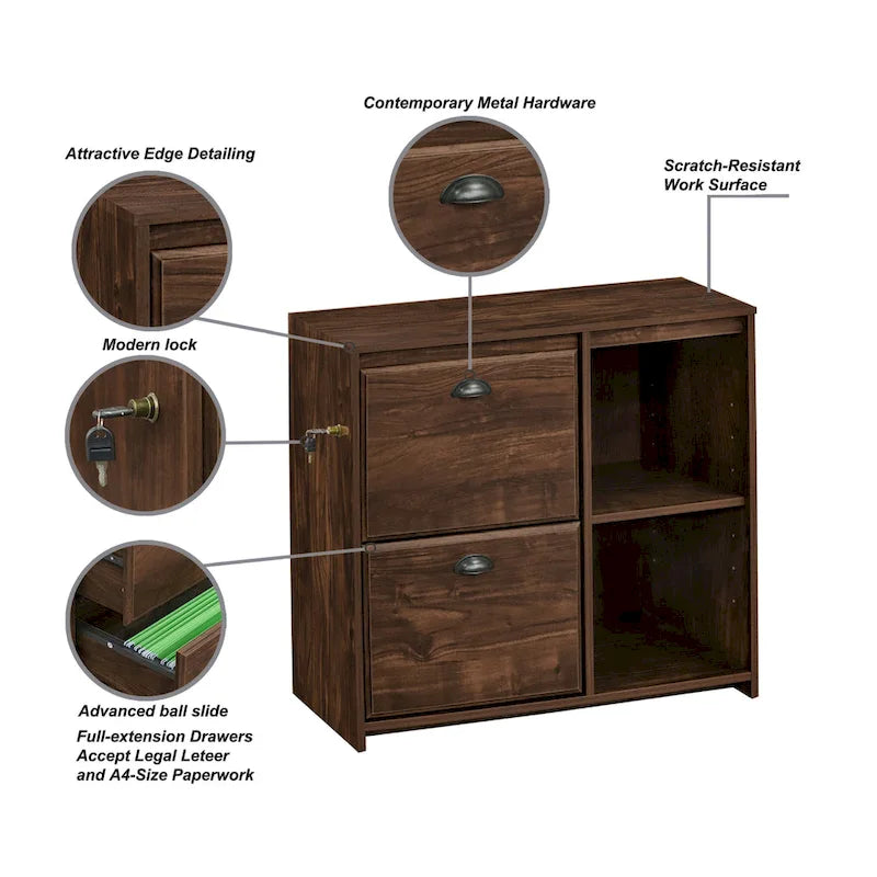 Two-Drawer File Cabinet with Open Shelves Washed Gray Wood Finish