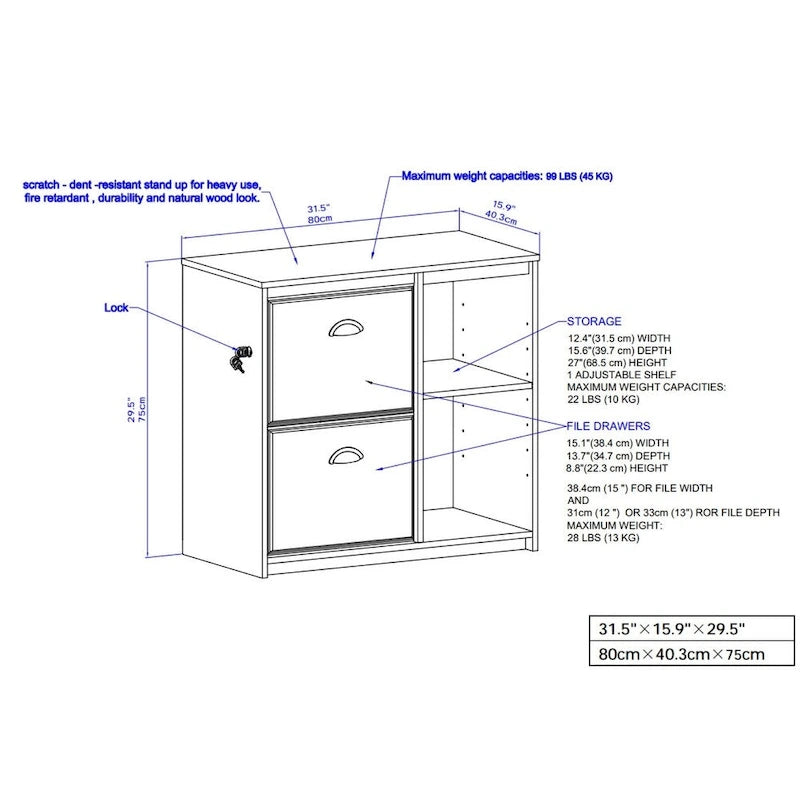 Two-Drawer File Cabinet with Open Shelves Washed Gray Wood Finish