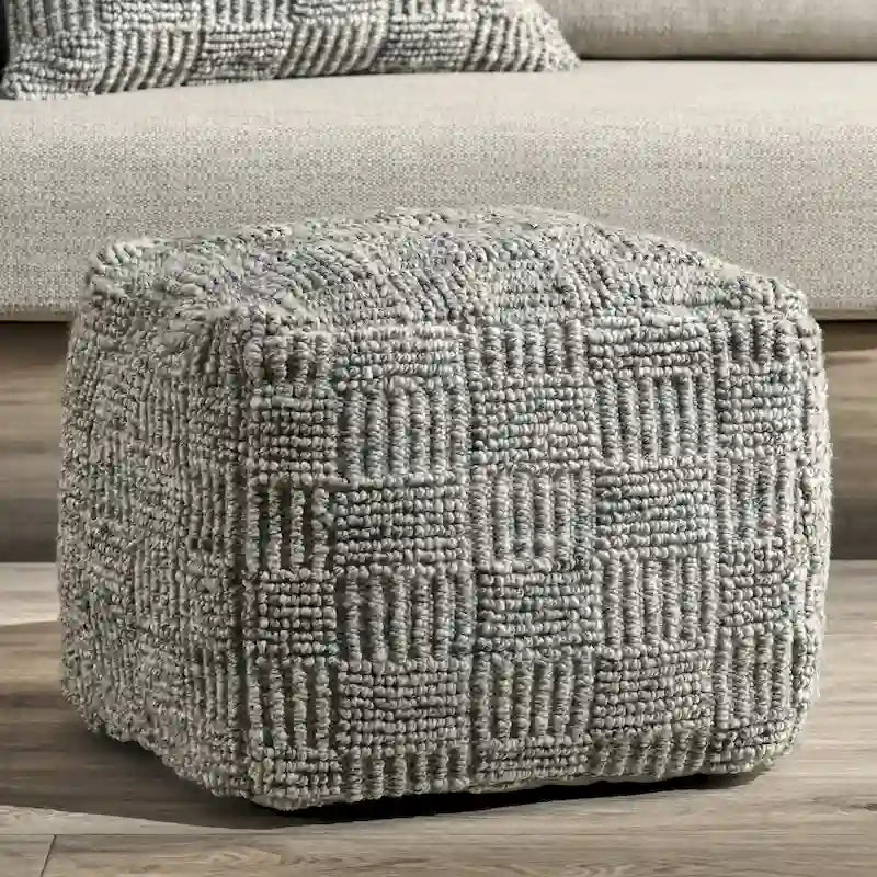 Grey Hand-Woven Recycled Fabric Indoor Outdoor Square Pouf Ottoman