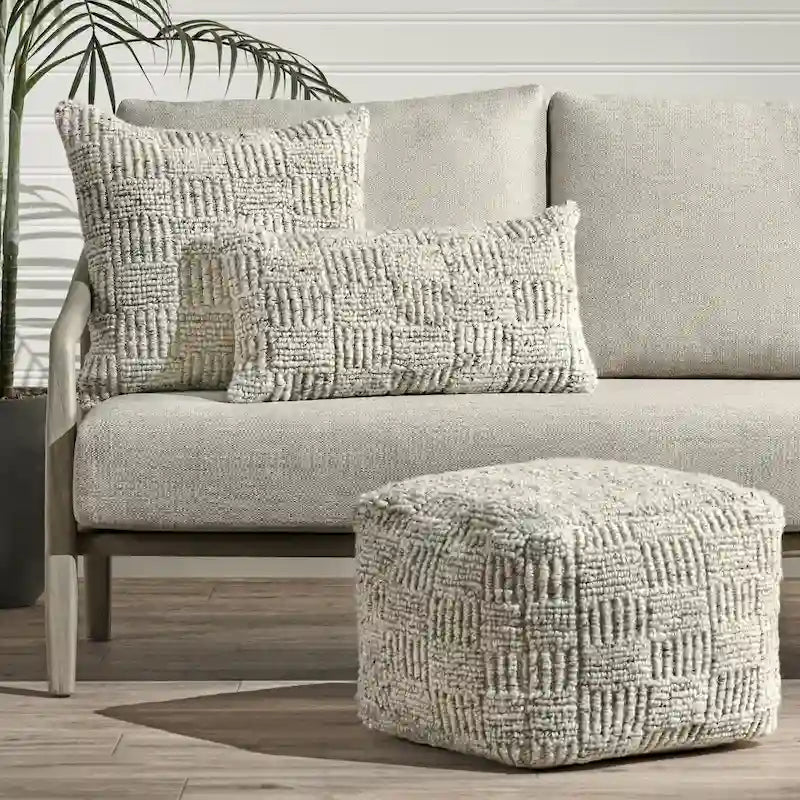 Grey Hand-Woven Recycled Fabric Indoor Outdoor Square Pouf Ottoman