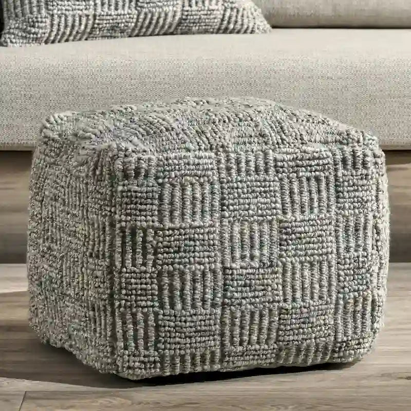 Grey Hand-Woven Recycled Fabric Indoor Outdoor Square Pouf Ottoman