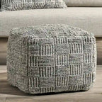 Grey Hand-Woven Recycled Fabric Indoor Outdoor Square Pouf Ottoman
