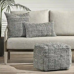 Grey Hand-Woven Recycled Fabric Indoor Outdoor Square Pouf Ottoman