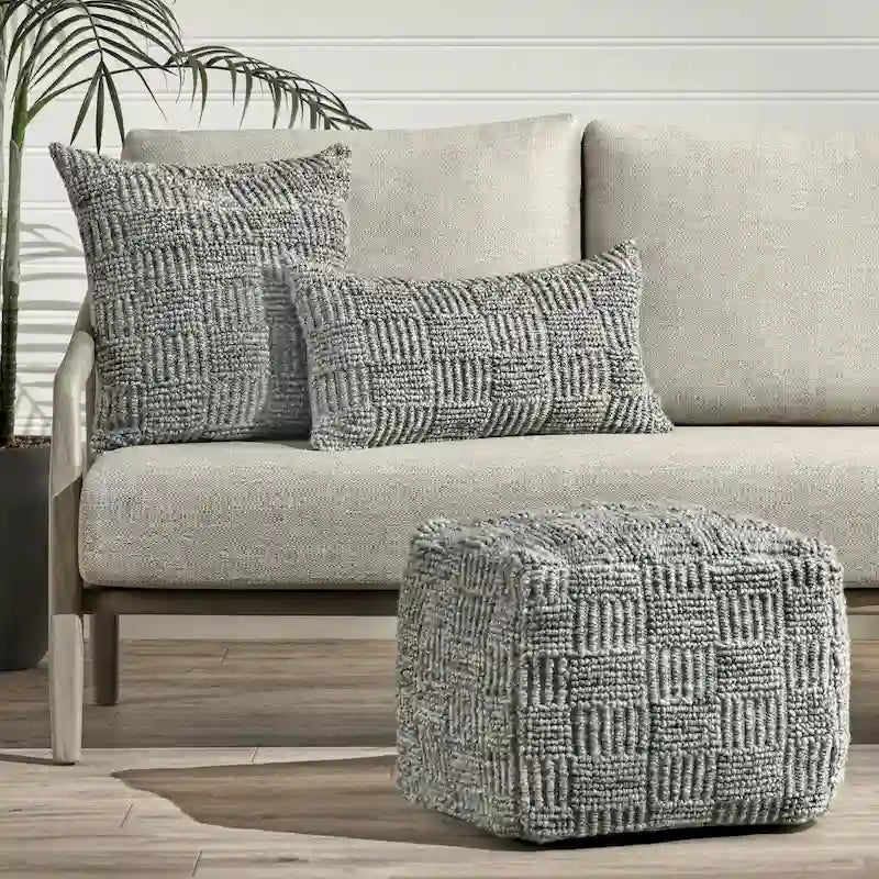 Grey Hand-Woven Recycled Fabric Indoor Outdoor Square Pouf Ottoman