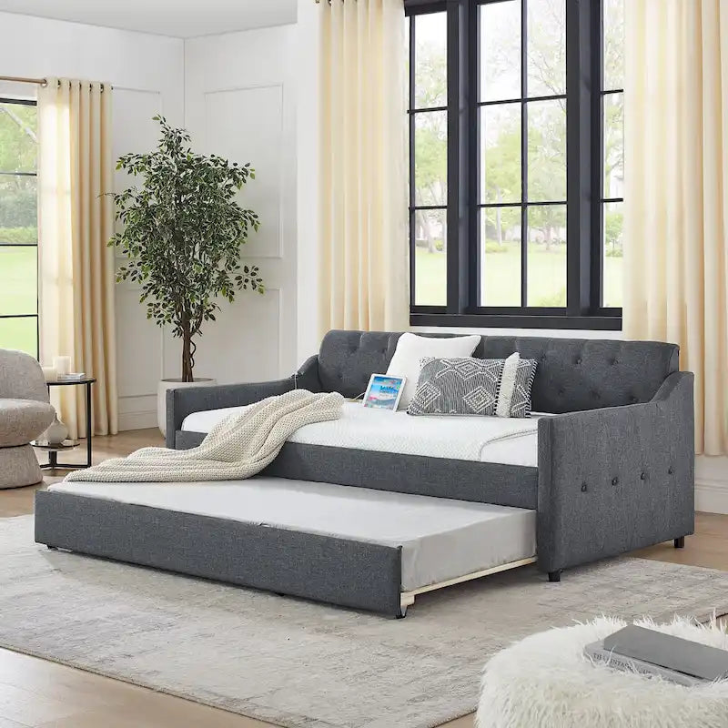 Twin Size Upholstery DayBed with Twin Size Erectable Trundle and USB Charging Design