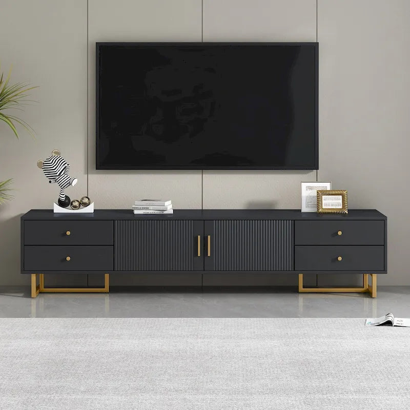 Modern Low-Profile TV Stand with Drawers Cabinet Wave Door Black White