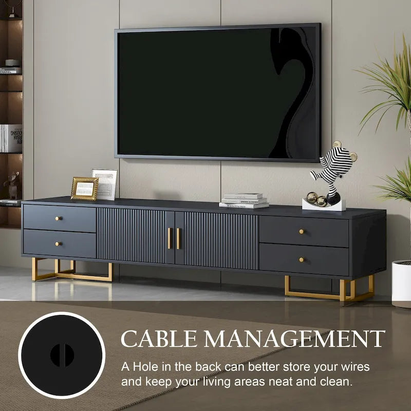 Modern Low-Profile TV Stand with Drawers Cabinet Wave Door Black White