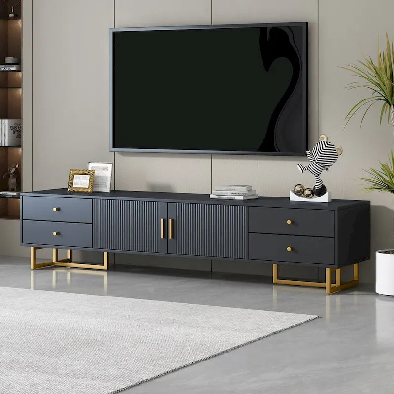 Modern Low-Profile TV Stand with Drawers Cabinet Wave Door Black White