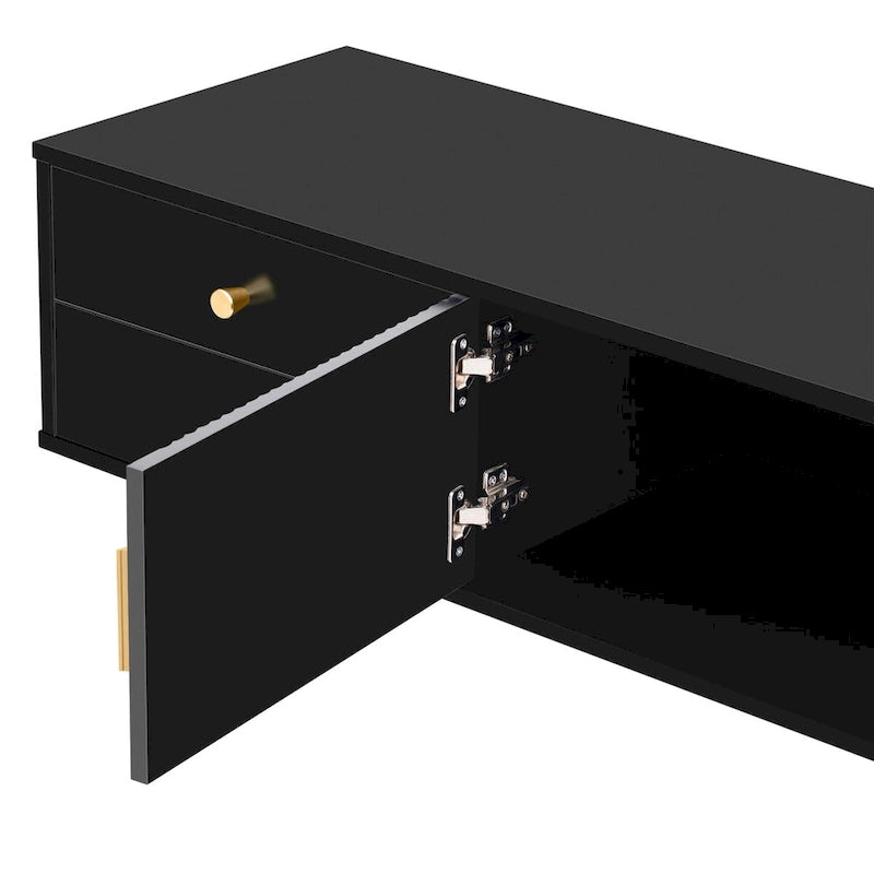 Modern Low-Profile TV Stand with Drawers Cabinet Wave Door Black White