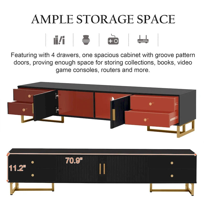 Modern Low-Profile TV Stand with Drawers Cabinet Wave Door Black White