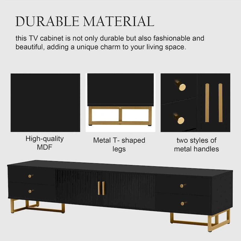 Modern Low-Profile TV Stand with Drawers Cabinet Wave Door Black White