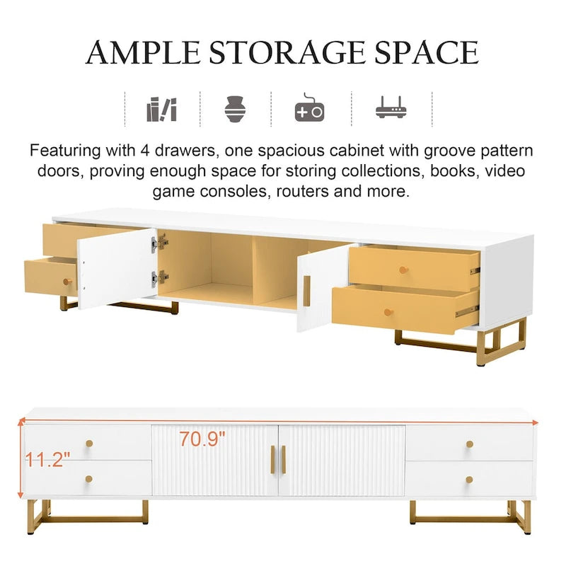 Modern Low-Profile TV Stand with Drawers Cabinet Wave Door Black White