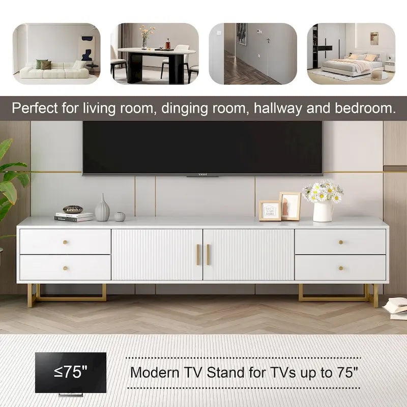 Modern Low-Profile TV Stand with Drawers Cabinet Wave Door Black White