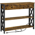 Industrial Rustic Brown Console Table with Power Outlet Drawer and Open Shelves